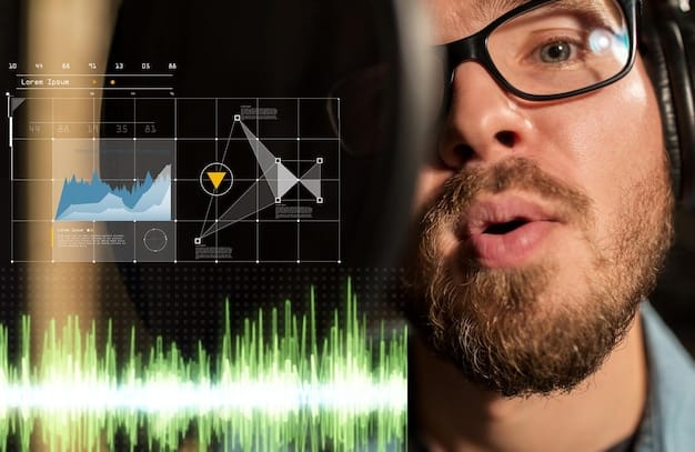 A digital analyst is examining a waveform depicting potentially manipulated human speech with algorithms and cybersecurity UI in the background.