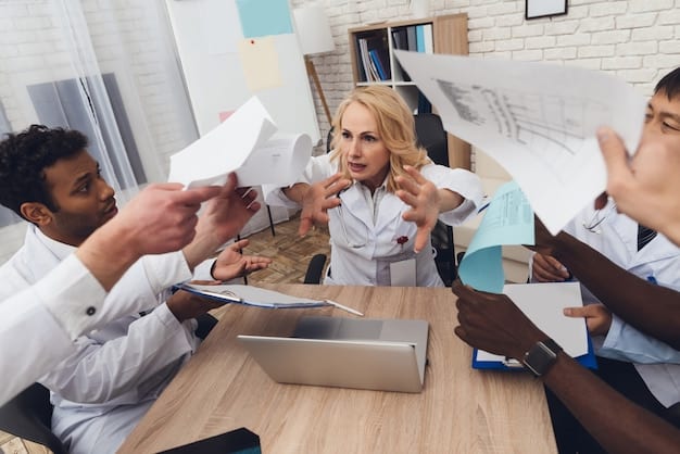 US office workers looking stressed and overwhelmed in a messy office environment, surrounded by stacks of paper and disorganized sticky notes. A frustrated expression is visible on their faces.