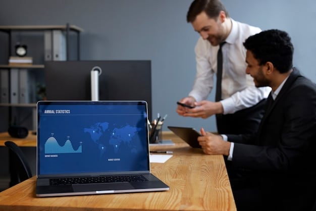 Business professionals interacting with an AI-powered task management dashboard on their laptops. The dashboard displays various project timelines, task statuses, and data analytics. The setting is a vibrant open-plan office.