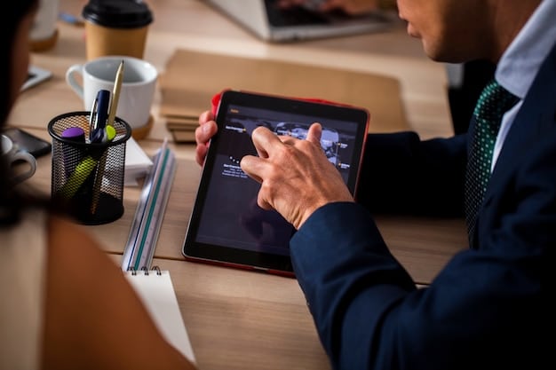 A close-up view of a project manager using an AI-powered dashboard on a tablet, illustrating the intuitive interface and real-time data visualization for better decision-making and control over project timelines and resources.