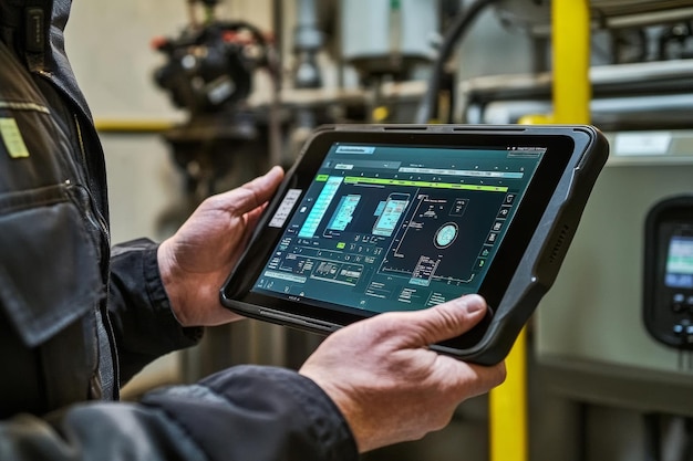 A technician using a tablet to monitor a complex AI-driven algorithm that is optimizing the operations of a machine in a manufacturing plant. Data streams are visible on the tablet screen.