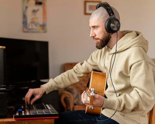 A musician wearing headphones in a home studio, using AI music generation software on a laptop. The screen displays various options for customizing the AI-generated music, such as tempo, key, and instrumentation.