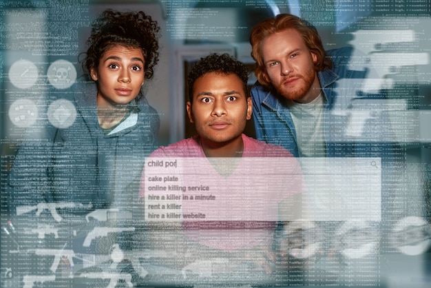 Depicts a diverse group of people examining a digital algorithm displayed on a large screen. Each person has a slightly questioning and concerned expression.
