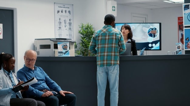 A hospital waiting room with patients from diverse backgrounds. An AI-powered kiosk displays health information, but some patients appear confused or uncertain while interacting with it. The image highlights the potential for unequal access and understanding of AI in healthcare.