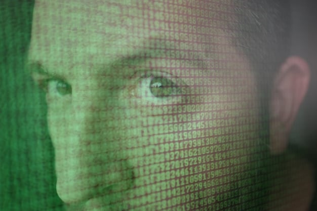 A close-up of a person's face being scanned by a facial recognition system, with binary code overlaid. The image should evoke a sense of unease and highlight the potential privacy implications of AI surveillance technologies.