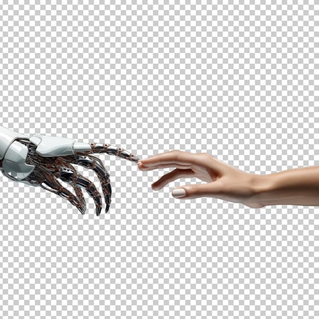 A close-up of a robotic hand extending a handshake towards a human hand. The robotic hand is metallic and sleek, symbolizing AI, while the human hand represents the job candidate. The background is blurred to keep focus on the hands.