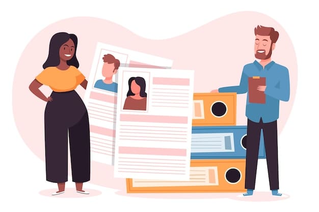 A split image showing two sets of resumes being evaluated. On one side, a human HR manager is reviewing resumes with a thoughtful expression. On the other side, an AI interface is analyzing resumes, highlighting keywords and displaying percentage matches.