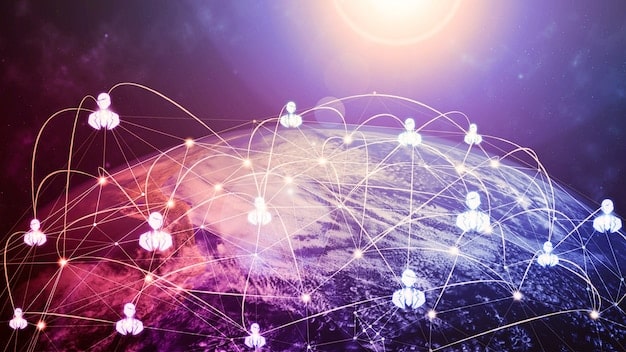 A visualization of interconnected nodes representing the global collaboration on AI ethics, with a focus on US leadership and participation in international standards setting and ethical frameworks.