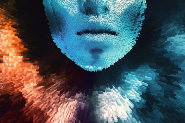 A close-up of a person's face fragmented into pixelated pieces, gradually dissolving into a blurred, indistinct background, symbolizing the erosion of privacy and the challenges to personal identity posed by widespread facial recognition technology.