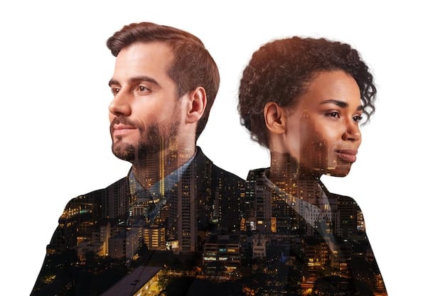 A split image showing a diverse group of people with a digital overlay of binary code on one side, and a traditional courtroom scene with a judge and jury on the other, representing the contrast between data-driven AI and human judgment.