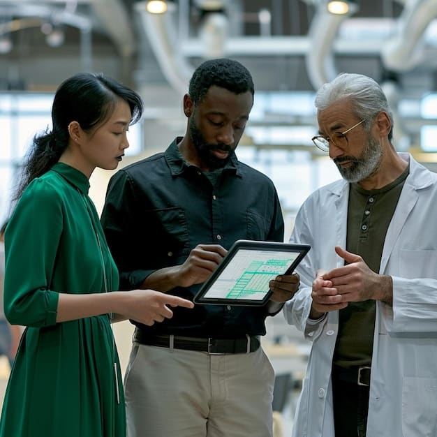A diverse group of scientists and engineers collaborating on an AI model for environmental monitoring, emphasizing the importance of interdisciplinary collaboration and ethical considerations.