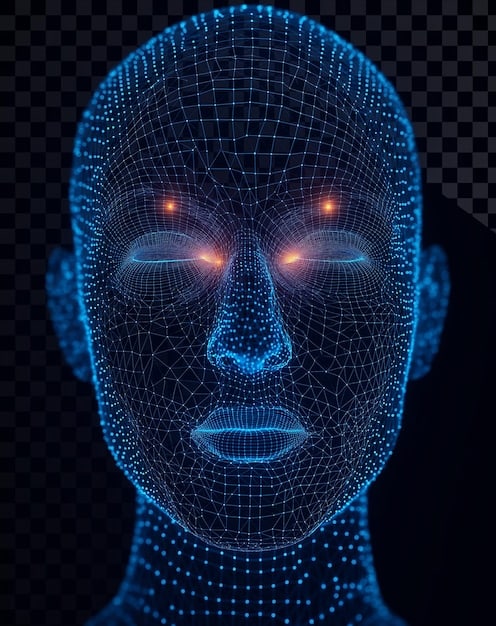 A digital rendering of a face being scanned by a network of interconnected nodes, representing facial recognition technology. Overlaid on the face is a pattern of privacy icons, such as padlocks and blurred faces.