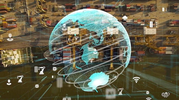 A visual representation of an AI-powered supply chain management system. The image should show a network of interconnected nodes representing suppliers, manufacturers, and distributors, with AI algorithms optimizing the flow of goods and information. The emphasis should be on efficiency, transparency, and real-time decision-making.