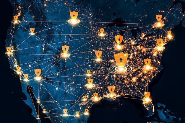 A digital diagram showing the interconnectedness of federal and state AI regulations, with arrows indicating the flow of information and influence between them.
