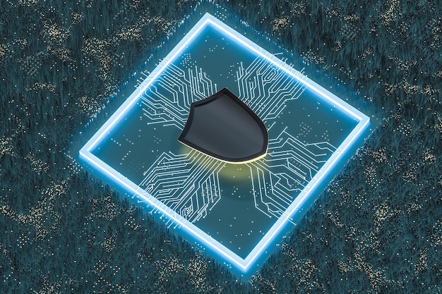A conceptual image showing a shield protecting data flowing through AI algorithms, symbolizing data privacy and security measures.