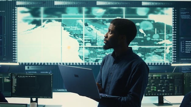 A network security analyst using AI-powered dashboard with real-time threat detection and visualization, showcasing the proactive nature of AI in cybersecurity.