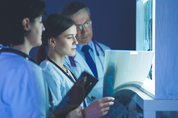 Nurses and doctors collaborating around an AI-powered diagnostic display, showcasing real-time patient data and AI-driven insights. The setting is a modern hospital ward.