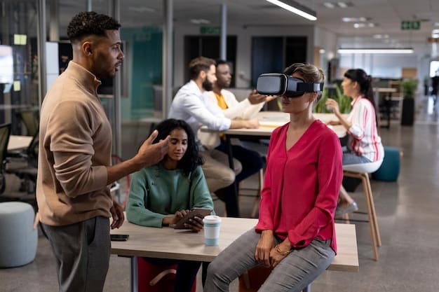 A diverse group of people collaborating on a project involving AI and robotics in a modern office setting.