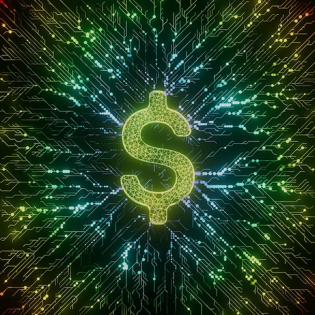 A digital graphic depicting lines of code and data points converging to form the outline of a dollar sign, symbolizing AI's role in securing financial transactions and detecting fraud.