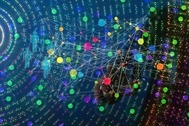 A visual representation of a network node connecting different data points, illustrating how AI algorithms analyze vast datasets to identify patterns and anomalies for risk management.
