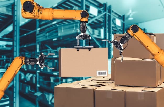 An AI-powered robot arm in a warehouse, efficiently sorting and packing packages, demonstrating the automation capabilities of AI in logistics.