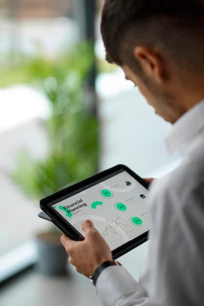 A close-up of a tablet screen showing an AI-powered training app with personalized recommendations and progress tracking, set against a blurred background of a bustling office environment.