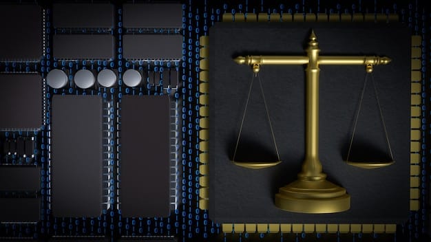A close-up of a computer screen displaying lines of complex code alongside ethical symbols such as scales of justice and a magnifying glass representing transparency.