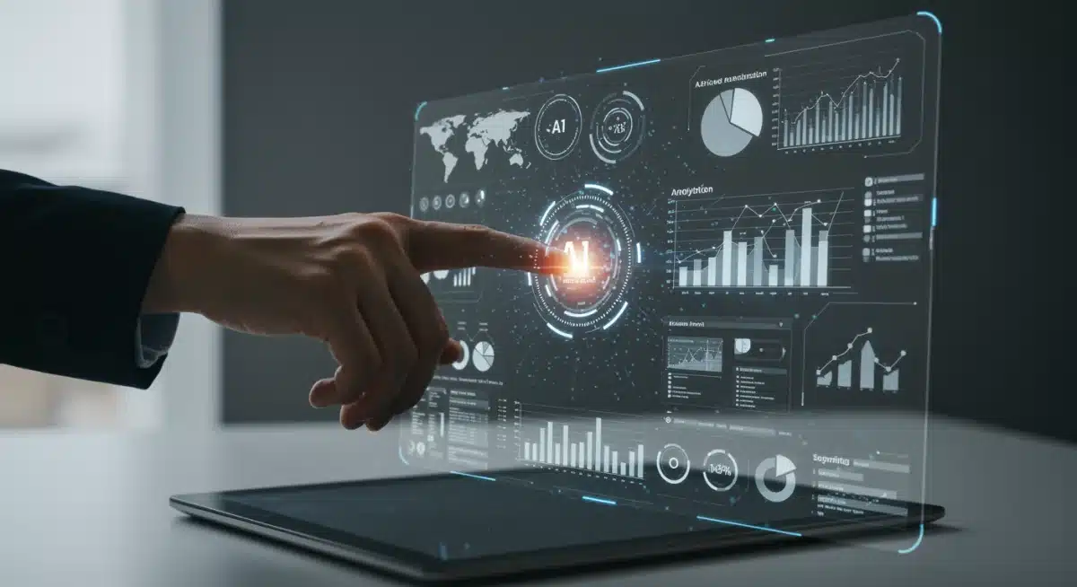 Hand interacting with AI-powered analytics dashboard for business optimization.