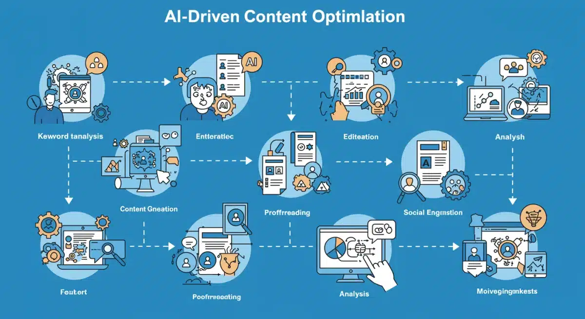 Infographic showing the workflow of AI-driven content optimization for SEO