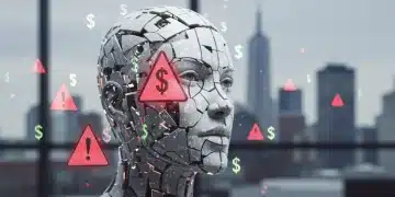Digital face with warning signs and money symbols, representing AI ethical breaches and financial risk for US companies.