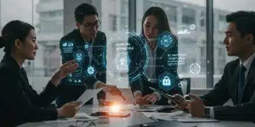 Business professionals discussing AI ethics and compliance in a modern office.