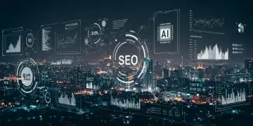 Futuristic digital interface showing AI-powered SEO tools and search ranking data