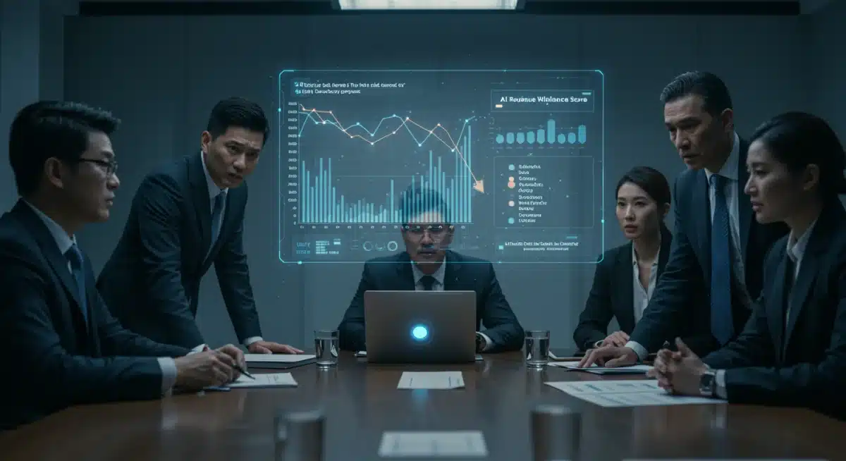Executives reviewing declining revenue and ethical compliance scores on a holographic display in a boardroom.