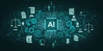 Digital illustration of AI accountability frameworks in the US with legal and ethical symbols.