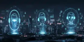 Futuristic AI customer service platforms with data streams for US businesses