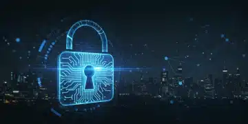 AI-powered digital padlock protecting a futuristic city network.