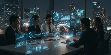 Business leaders using AI projections for strategic planning in a modern US market office