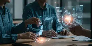 Futuristic marketing team collaborating with AI content generation tools