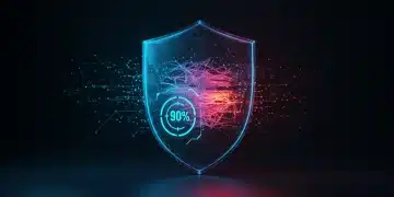 Futuristic digital shield protecting neural network from adversarial machine learning attacks.