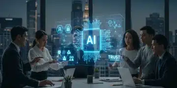 Professionals collaborating on AI ethics with holographic display