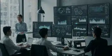 Team of experts performing AI bias auditing, analyzing data for fairness compliance