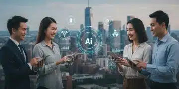 AI-powered customer service interface with satisfied users and financial metrics overlay.