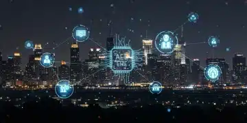 Futuristic cityscape with AI data overlays, symbolizing the 2025 AI ethics landscape and policy.