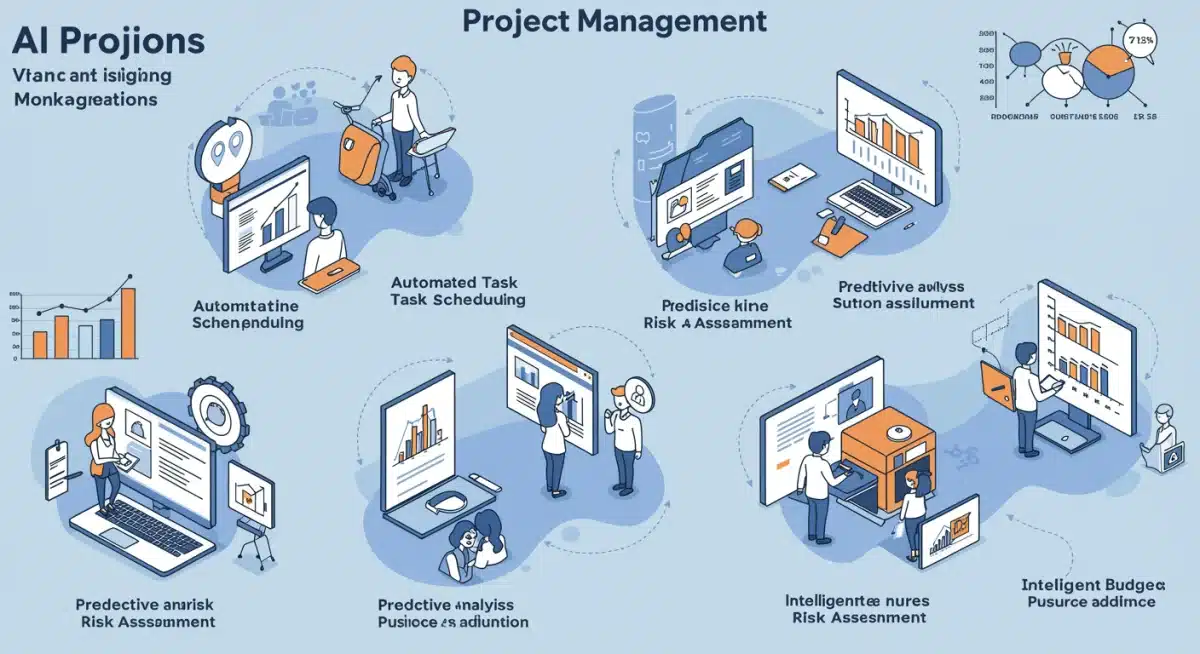 Infographic comparing features of leading AI project management tools, showing benefits like automated scheduling and risk prediction.