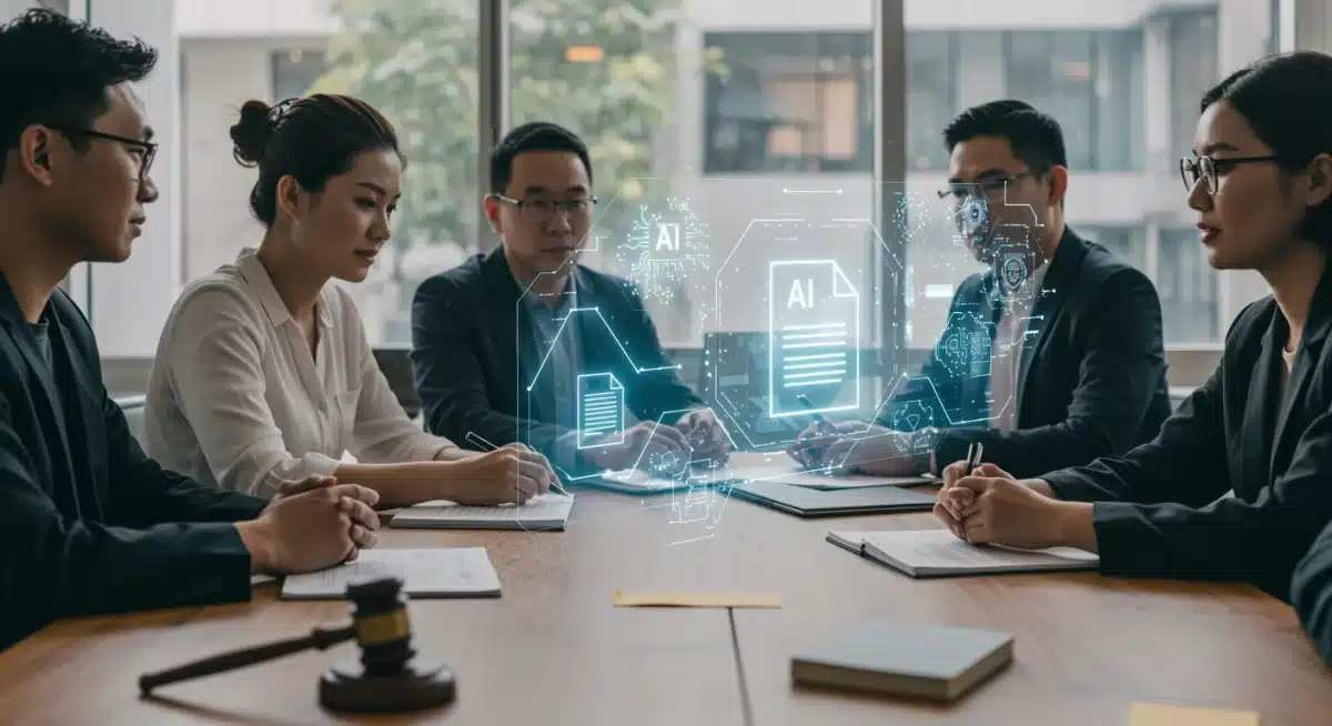 Professionals discussing AI policy and compliance in a modern office.