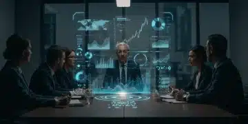Predictive Analytics 2026: 90% Accuracy with AI for US Markets Business team analyzing AI-driven predictive market trends on a holographic display in 2026, forecasting with high accuracy.