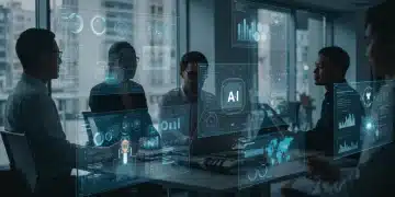AI Project Management Tools: Boost U.S. Team Efficiency by 22% in 2026 Futuristic office with U.S. team members using AI project management tools on holographic displays, showing increased efficiency.