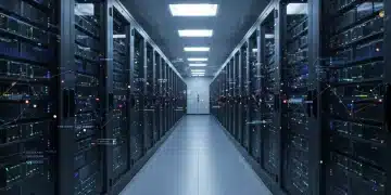 Futuristic data center optimizing machine learning model deployment latency for US enterprises.