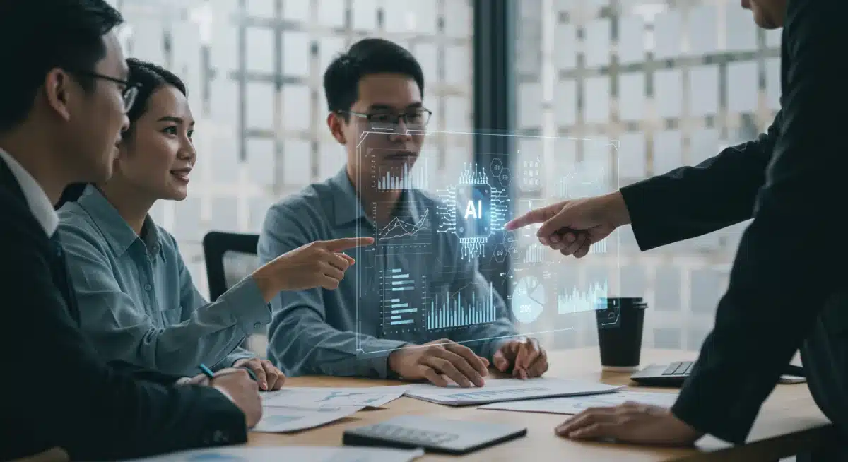Small business team analyzing AI-driven profit increase on holographic display