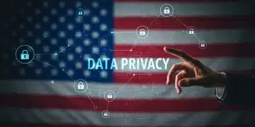 Digital representation of data nodes and human interaction with a US flag circuit board background, symbolizing data privacy and AI ethics.